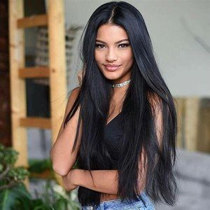 Long Straight Black Wig for Women Middle Part